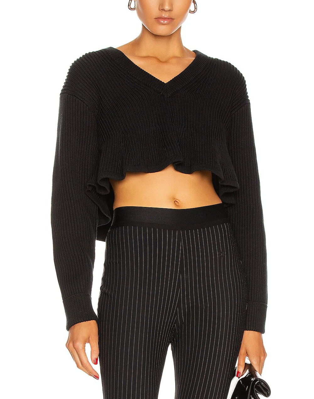 Alexander Wang Ribbed Black Cropped V Neck Sweater Size XS